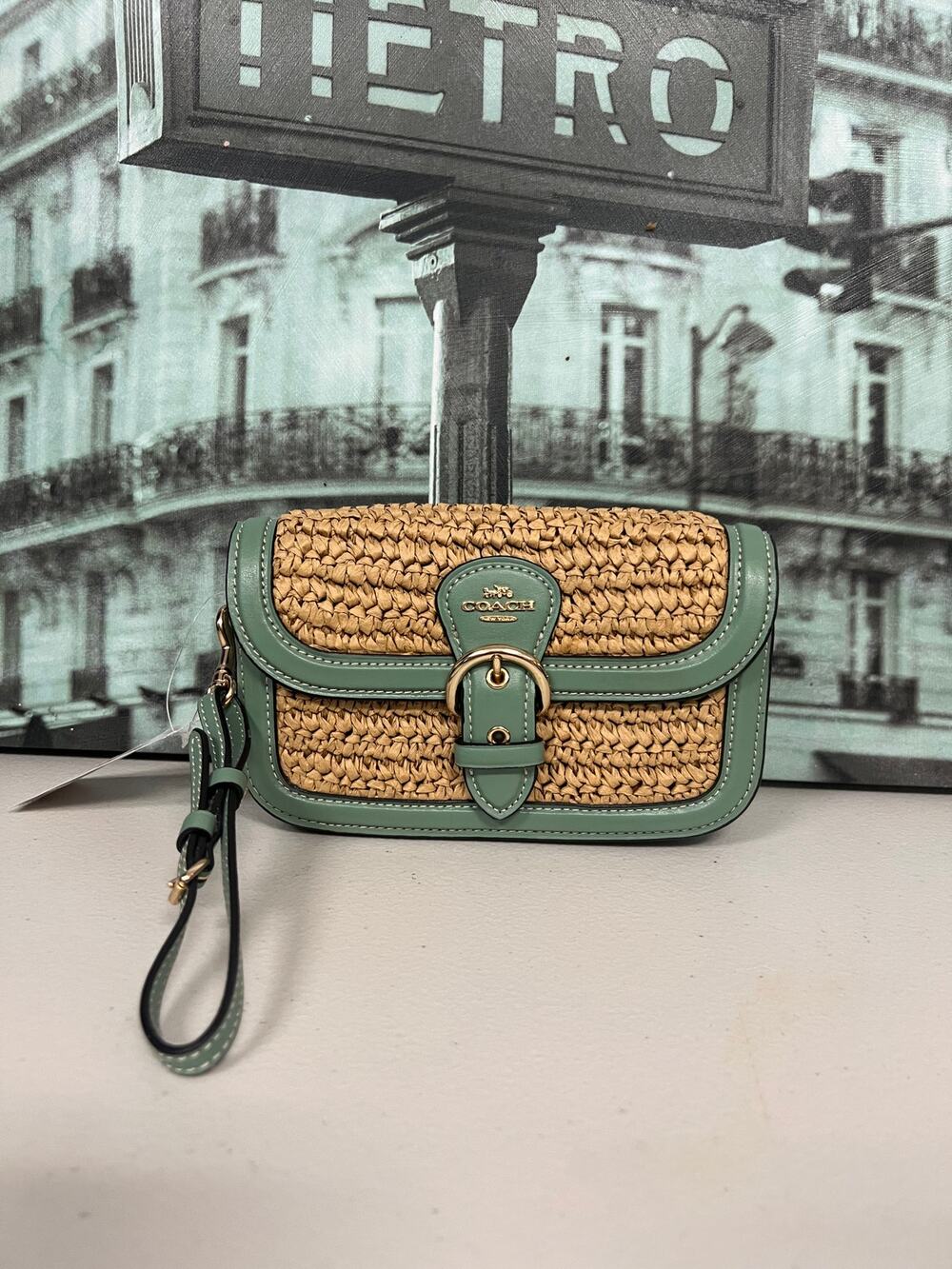 Coach C9925 Kleo Straw Crossbody Bag Natural Raffia Green Leather Trim